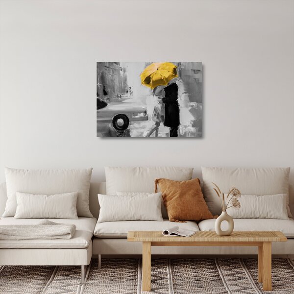 Tablou pe sticlă - Cuplu în dragoste sub o umbrelă, galben (70x50 cm)