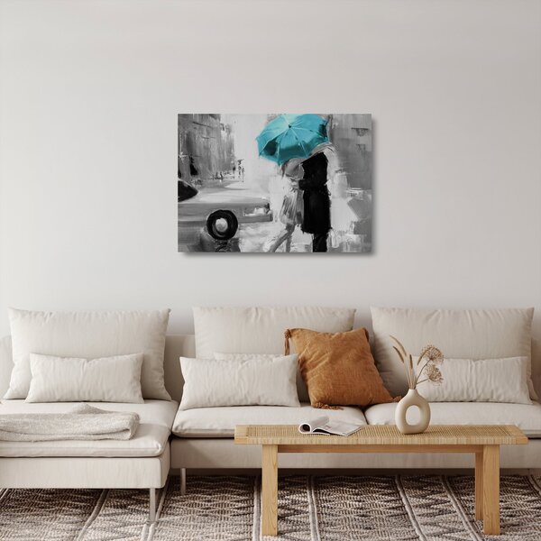 Tablou pe sticlă - Cuplu în dragoste cu umbrelă, albastru (70x50 cm)