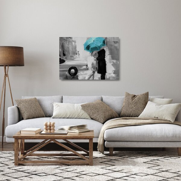 Tablou pe sticlă - Cuplu în dragoste cu umbrelă, albastru (70x50 cm)