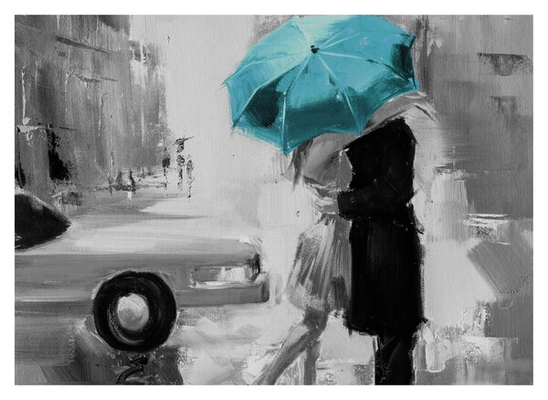 Tablou pe sticlă - Cuplu în dragoste cu umbrelă, albastru (70x50 cm)