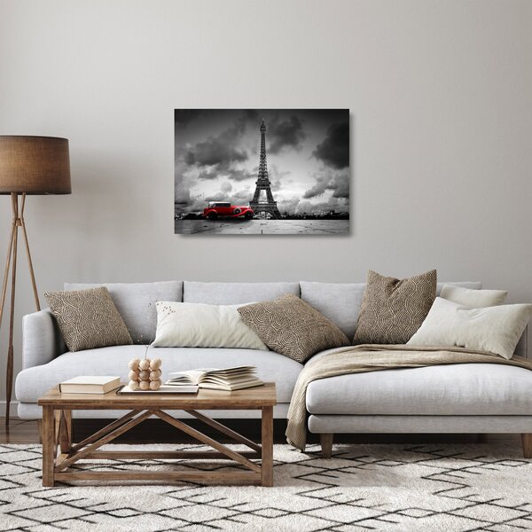 Tablou pe sticlă - Turnul Eiffel și mașina roșie (70x50 cm)
