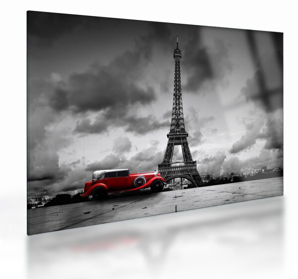 Tablou pe sticlă - Turnul Eiffel și mașina roșie (70x50 cm)