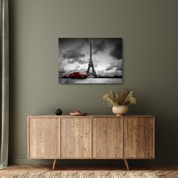 Tablou pe sticlă - Turnul Eiffel și mașina roșie (70x50 cm)