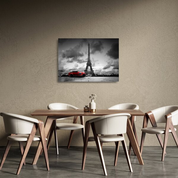 Tablou pe sticlă - Turnul Eiffel și mașina roșie (70x50 cm)