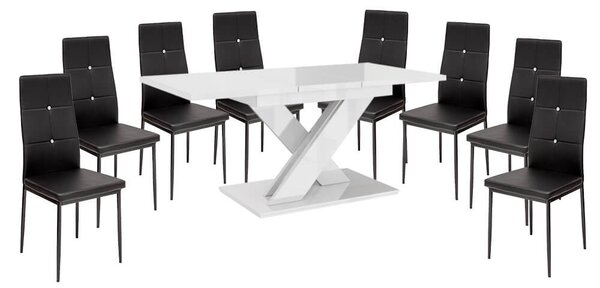 Set de sufragerie pentru 8 persoane Maasix WTG High Gloss White, cu scaune Elvira negre