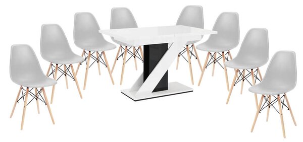 Maasix WGBS Set de sufragerie alb-negru lucios pentru 8 persoane cu scaune Didier gri