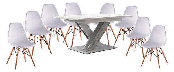 Set de sufragerie Maasix WTS alb-gri lucios pentru 8 persoane cu scaune Didier albe