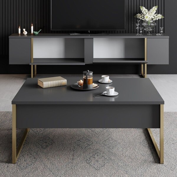 Mobilier living LUXE, gri antracit/auriu, PAL melaminat/metal, 2 piese