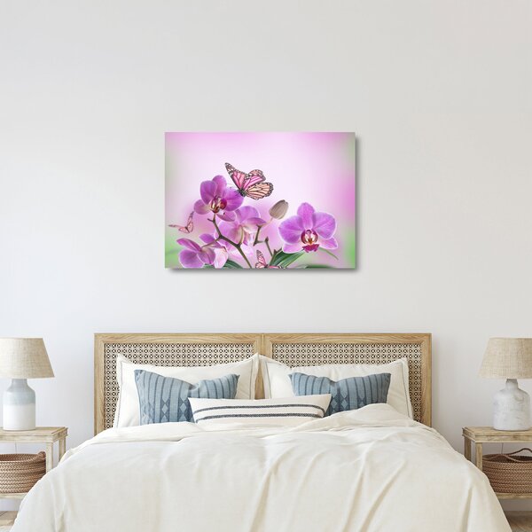 Tablou pe sticlă - Fluture pe flori de orhidee, liliac (70x50 cm)