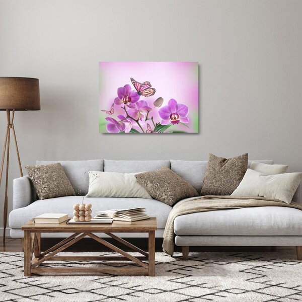 Tablou pe sticlă - Fluture pe flori de orhidee, liliac (70x50 cm)