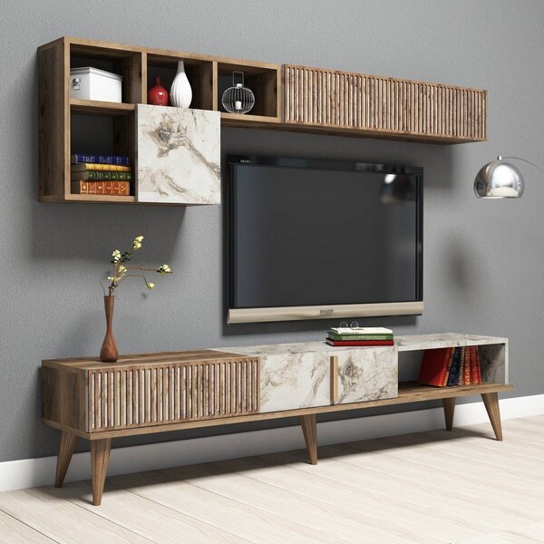 Mobilier living MILAN, alb cu efect de marmura/nuc, PAL melaminat, 3 p
