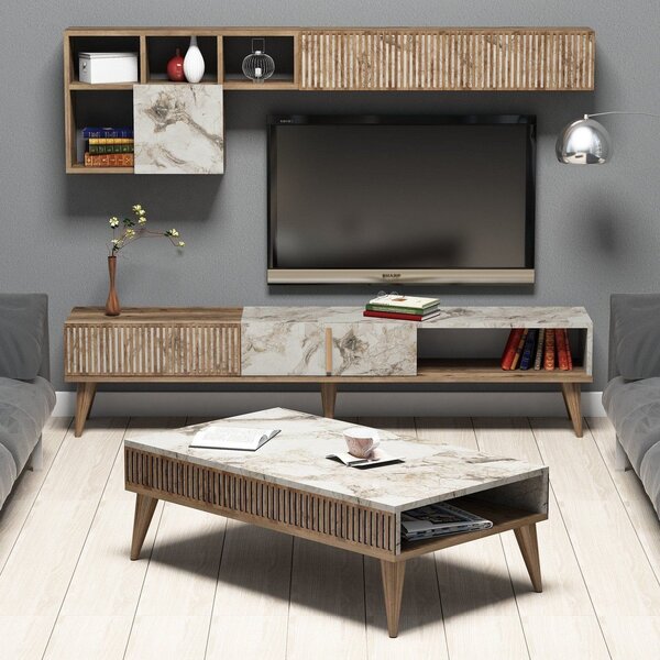 Mobilier living MILAN, alb cu efect de marmura/nuc, PAL melaminat, 3 p