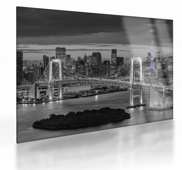 Tablou pe sticlă - Orașul mare cu turnul mov (70x50 cm)