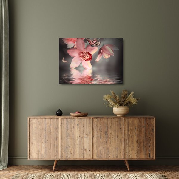 Tablou pe sticlă - Flori și fluture (70x50 cm)