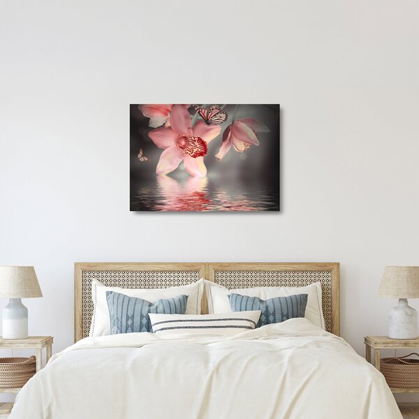 Tablou pe sticlă - Flori și fluture (70x50 cm)