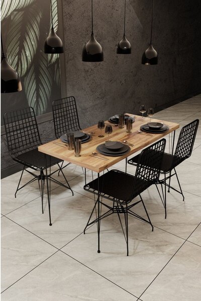 Set masa si 4 scaune NMSYMK001, stejar/negru, PAL melaminat/metal