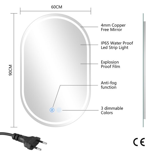 Erga Lyra, oglinda LED ovala 60x90cm, 3 culori de lumina, iluminare fata si spate, placa de incalzire anti-aburire, ERG-V01-Lyra-6090-CL