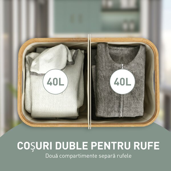 HOMCOM Coș Pentru Rufe 80L cu Capac Din Bambus, Bej | Aosom Romania