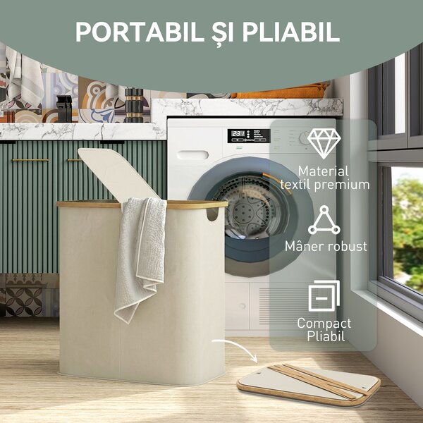 HOMCOM Coș Pentru Rufe 80L cu Capac Din Bambus, Bej | Aosom Romania