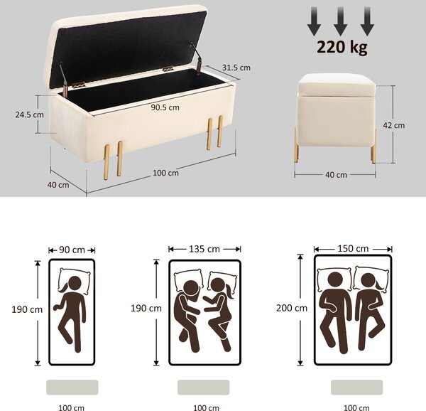HOMCOM Bancă de Depozitare cu Șezut Tapițat și Picioare Lăcuite Aurii, 100x40x42 cm, Gri | Aosom Romania