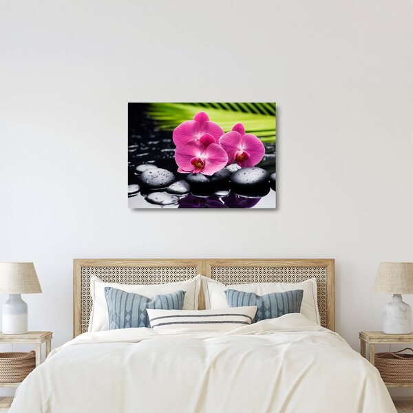 Tablou pe sticlă - Orhidee roz cu frunze de palmier (70x50 cm)