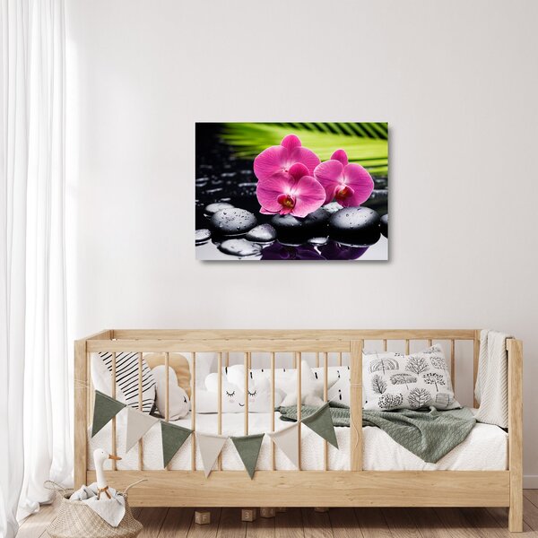 Tablou pe sticlă - Orhidee roz cu frunze de palmier (70x50 cm)