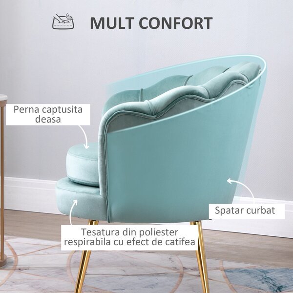 Fotoliu cu design vintage din Catifea, Spatar curbat, 76x76x74cm Verde HOMCOM | Aosom Romania