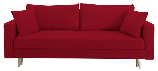 Canapea extensibila Sofia, cu lada de depozitare si picioare de lemn, catifea v59 rosu, 220x90x80