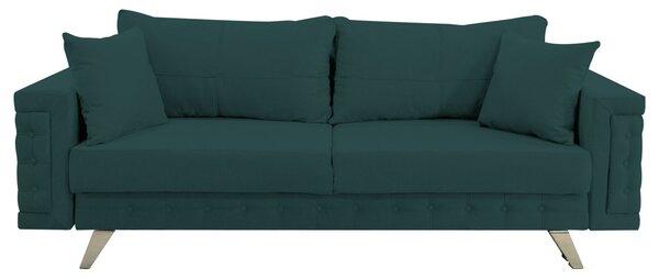 Canapea extensibila Omega, cu lada de depozitare si picioare argintii, stofa p39 verde, 230x105x80
