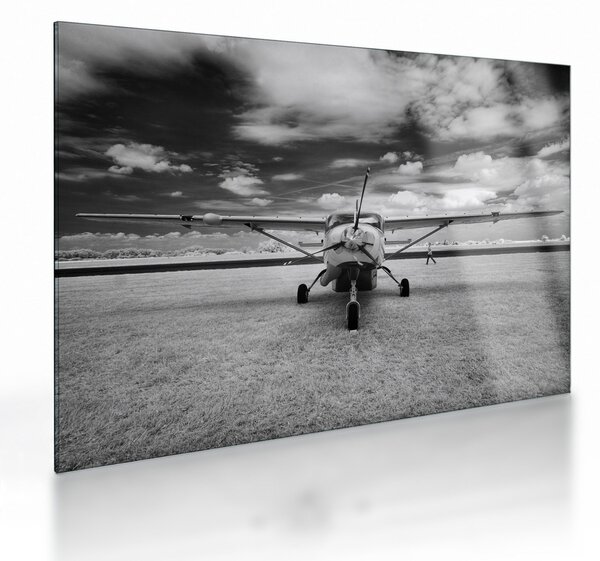 Tablou pe sticlă - Avion alb-negru și alb-negru (70x50 cm)