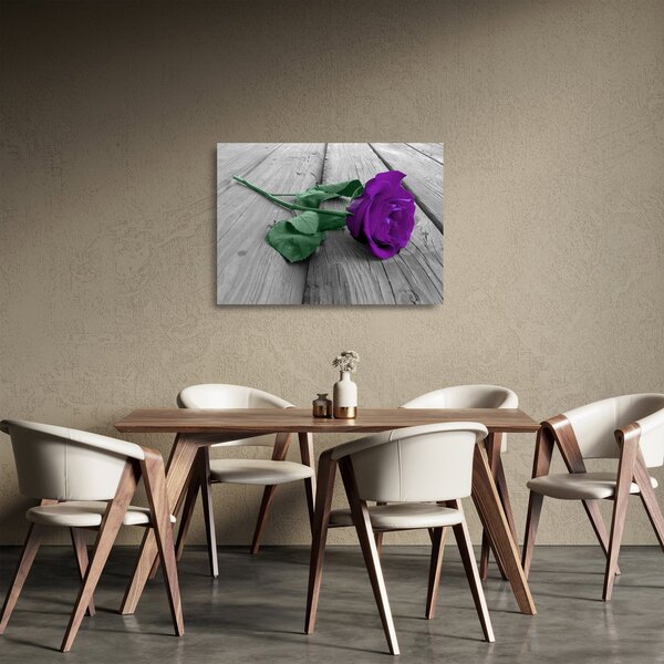 Tablou pe sticlă - Trandafir violet cu tulpina verde (70x50 cm)