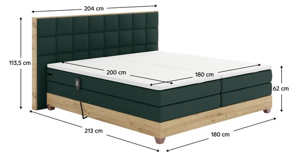 KONDELA Pat electric reglabil, boxspring, verde/stejar artizanal, 180x200, TIANA