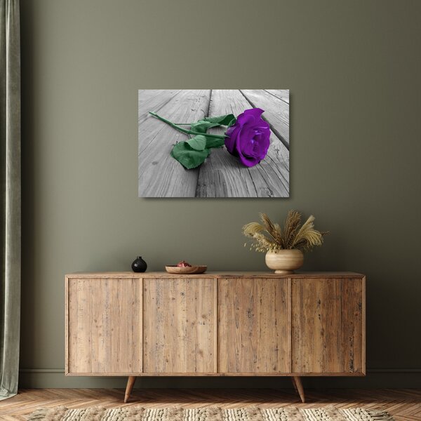 Tablou pe sticlă - Trandafir violet cu tulpina verde (70x50 cm)
