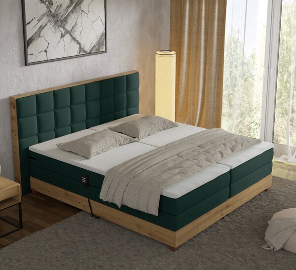 KONDELA Pat electric reglabil, boxspring, verde/stejar artizanal, 160x200, TIANA