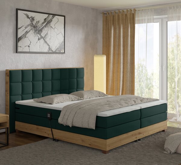 KONDELA Pat electric reglabil, boxspring, verde/stejar artizanal, 160x200, TIANA