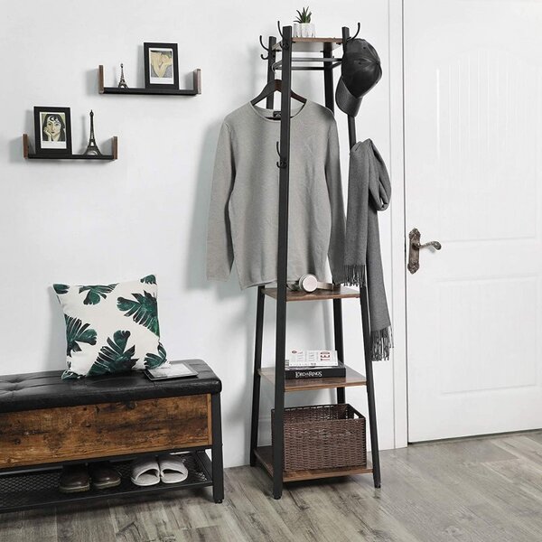 Cuier tip pom cu rafturi Model Good, Maro Rustic/Negru, 43x43x180 cm