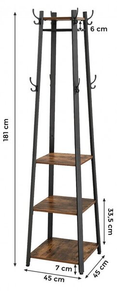 Cuier tip pom cu rafturi Model Good, Maro Rustic/Negru, 43x43x180 cm