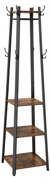 Cuier tip pom cu rafturi Model Good, Maro Rustic/Negru, 43x43x180 cm