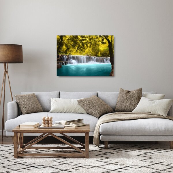 Tablou pe sticlă - Cascadă, cu culori strălucitoare (70x50 cm)