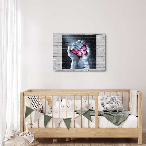 Tablou pe sticlă - Fluture roz în perete (70x50 cm)