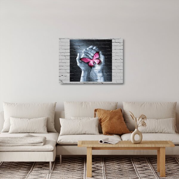 Tablou pe sticlă - Fluture roz în perete (70x50 cm)