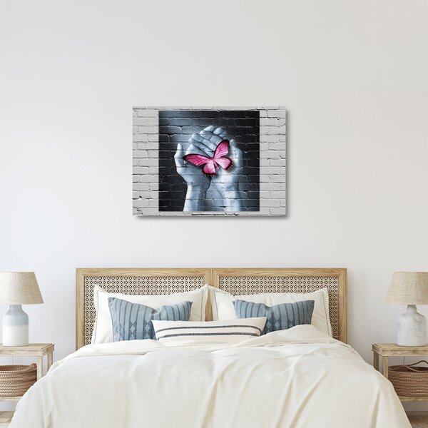 Tablou pe sticlă - Fluture roz în perete (70x50 cm)