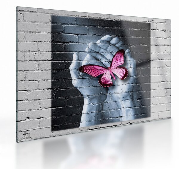 Tablou pe sticlă - Fluture roz în perete (70x50 cm)