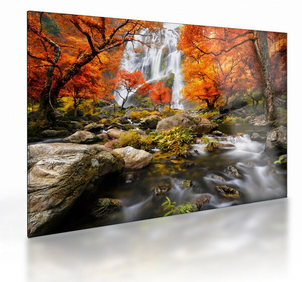 Tablou pe sticlă - Cascade în peisaj de toamnă, portocaliu (70x50 cm)