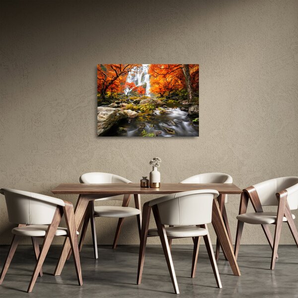 Tablou pe sticlă - Cascade în peisaj de toamnă, portocaliu (70x50 cm)