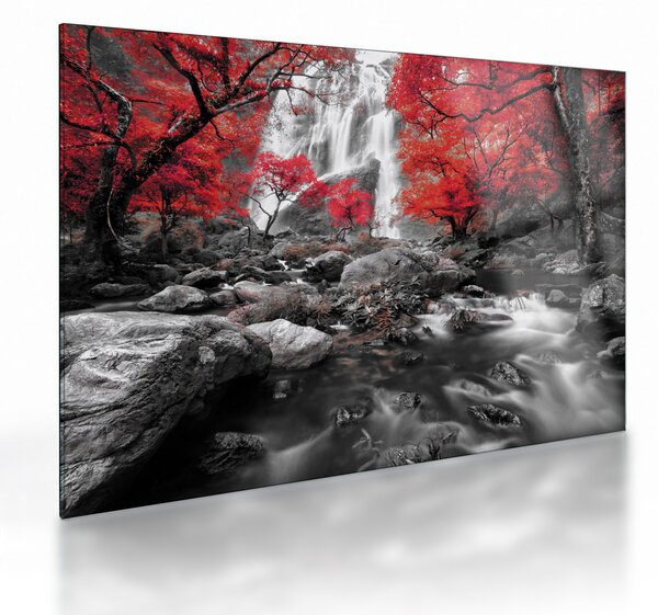 Tablou pe sticlă - Cascade în peisajul de toamnă (70x50 cm)