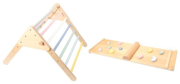 Triunghi Pikler din lemn MONTY, 59 cm, cu placă Montessori, multicolor ELIS design