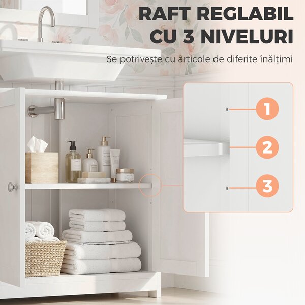 Kleankin Dulap Sub Chiuvetă cu 2 Uși și Raft Reglabil, Dulap de Baie Spațios cu Decupaj în Formă de U, 60x30x60 cm, Alb | Aosom Romania