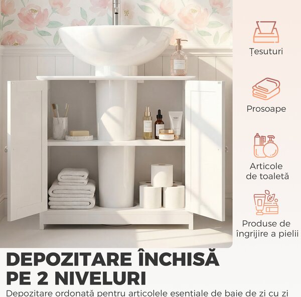 Kleankin Dulap Sub Chiuvetă cu 2 Uși și Raft Reglabil, Dulap de Baie Spațios cu Decupaj în Formă de U, 60x30x60 cm, Alb | Aosom Romania