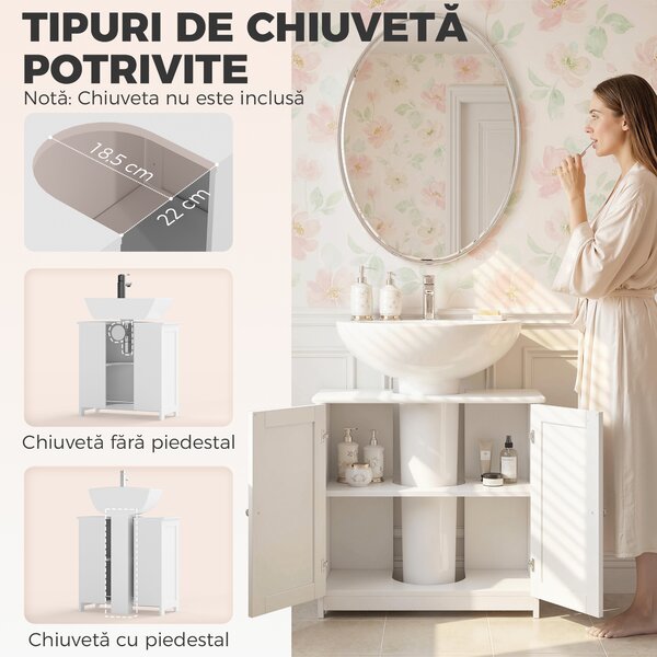 Kleankin Dulap Sub Chiuvetă cu 2 Uși și Raft Reglabil, Dulap de Baie Spațios cu Decupaj în Formă de U, 60x30x60 cm, Alb | Aosom Romania